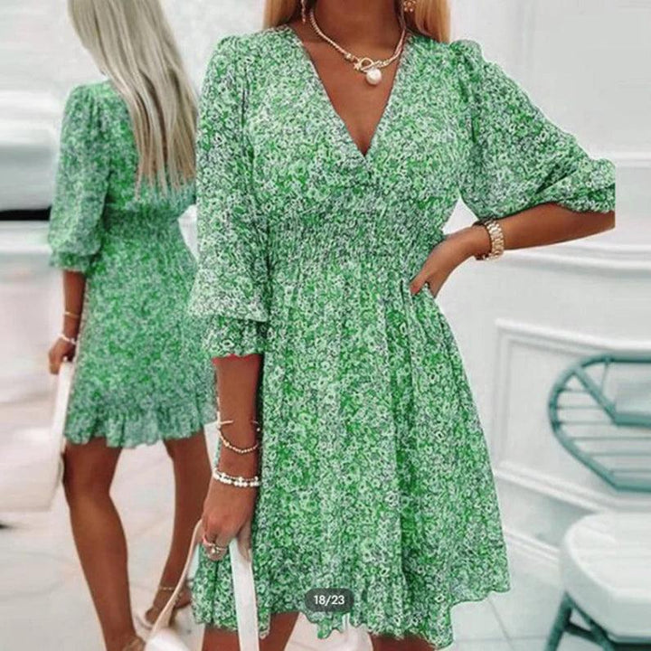Sunna - Women's Floral Midi Dress — Smocked Waist & V-Neck