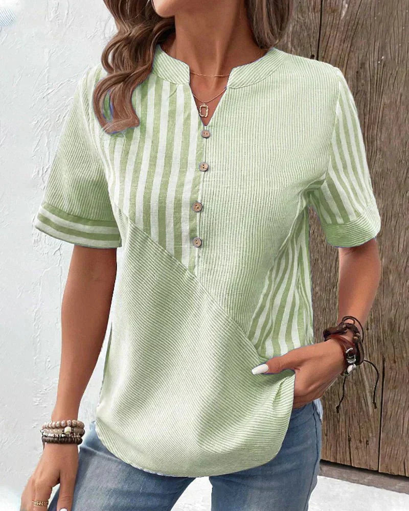 Lila | Women's Striped Blouse — Notched Neck & Flared Sleeves