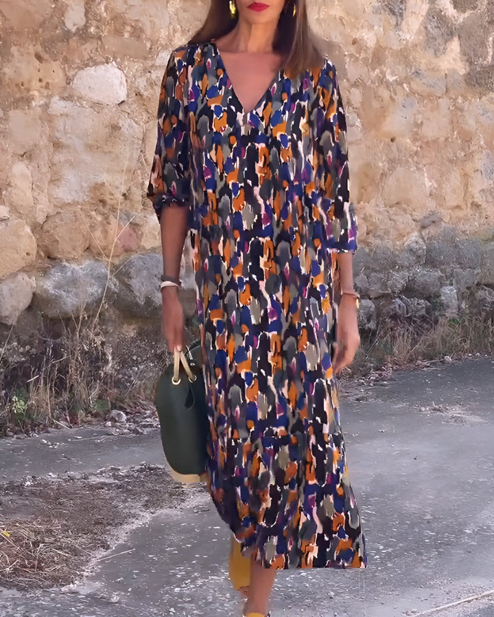 Nathalie - Women's Retro Printed V-Neck Dress | Relaxed Fit