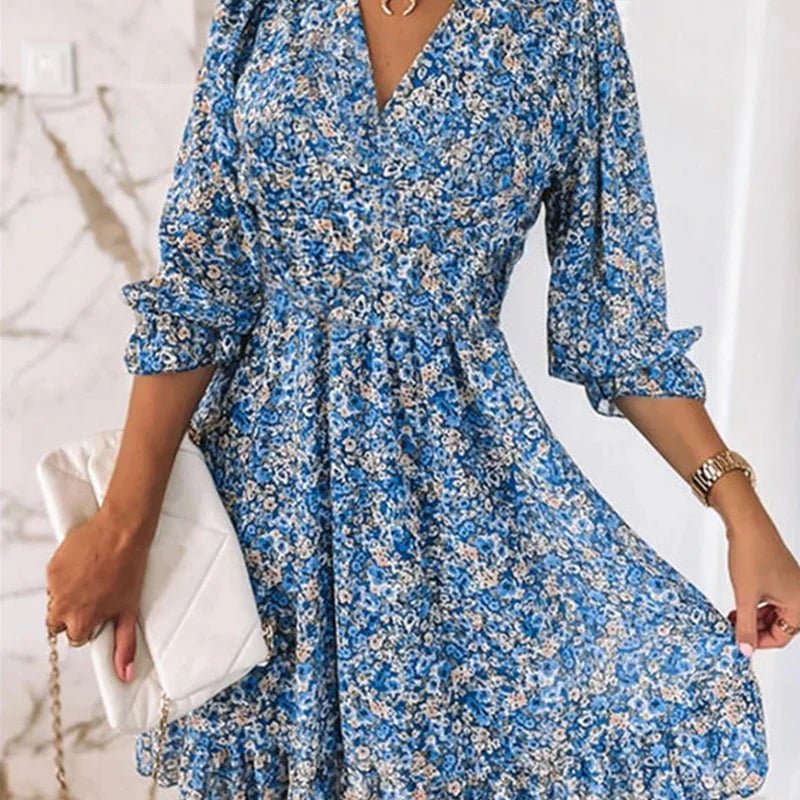 Sunna - Women's Floral Midi Dress — Smocked Waist & V-Neck