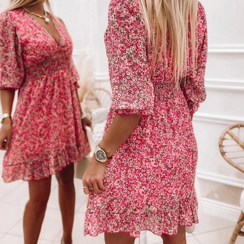 Sunna - Women's Floral Midi Dress — Smocked Waist & V-Neck