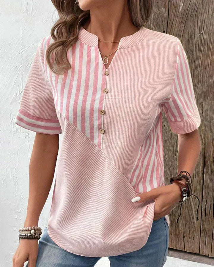 Lila | Women's Striped Blouse — Notched Neck & Flared Sleeves