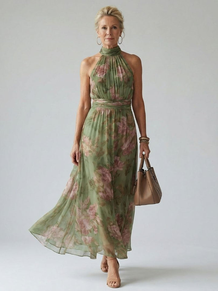 Mirelle - Women's Floral Halter Midi Dress | Gathered Bodice