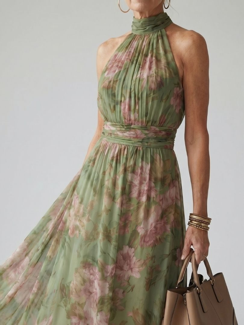 Mirelle - Women's Floral Halter Midi Dress | Gathered Bodice