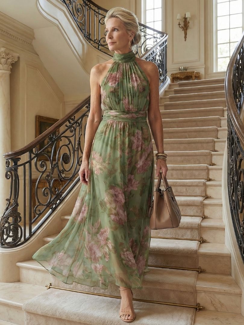 Mirelle - Women's Floral Halter Midi Dress | Gathered Bodice