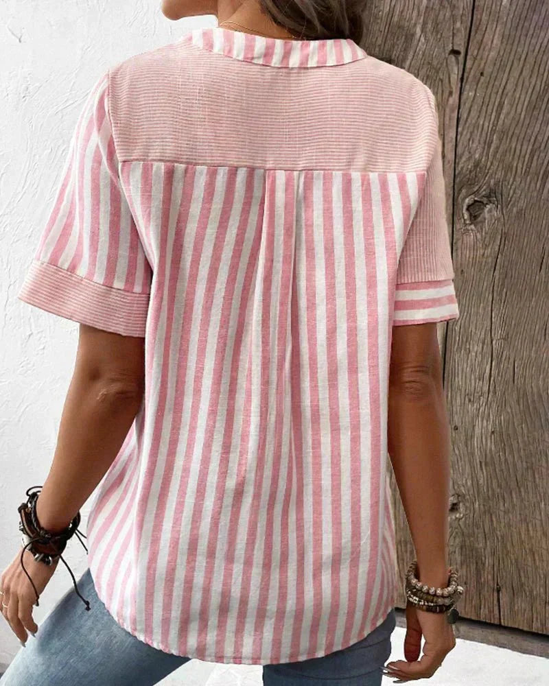 Lila | Women's Striped Blouse — Notched Neck & Flared Sleeves