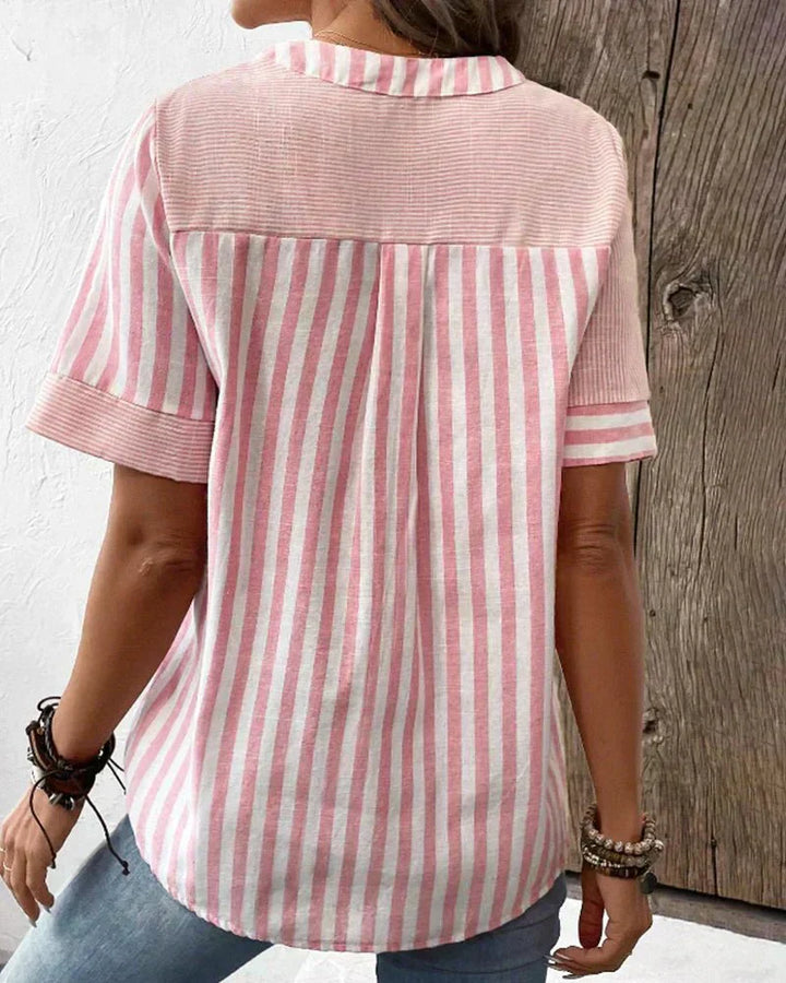 Lila | Women's Striped Blouse — Notched Neck & Flared Sleeves