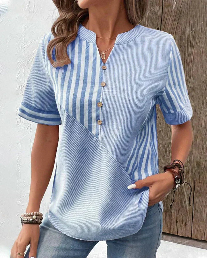 Lila | Women's Striped Blouse — Notched Neck & Flared Sleeves